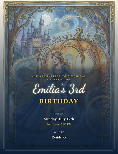 Fairytale third birthday invitation with castle, pumpkin carriage, princess illustration, navy event panel, and gold text.