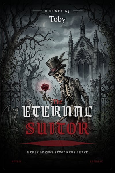 Gothic book cover showing a skeleton holding a red rose before a haunted manor in a misty dark forest.