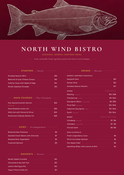 Deep red North Wind Bistro seafood menu with large fish illustration, cream serif text, organized menu sections, and price columns.