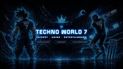 Blue neon Techno World 7 YouTube banner with cricket and anime visuals, channel tagline, central safe-zone title, and glowing call-to-action buttons.