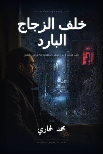 Arabic spy thriller book cover showing a man in a dark coat beside a frosted window on a snowy Moscow night, with cold blue light and a distant red-lit figure.
