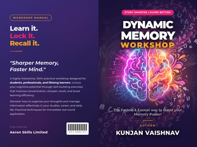 Front and back cover spread for a Dynamic Memory Workshop with purple background, colorful brain graphic, bold title, study tagline, author name, and back cover text.