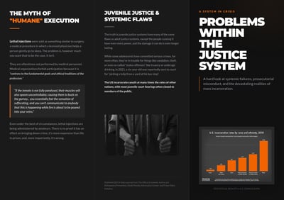 Dark three-panel brochure titled Problems Within the Justice System with sections on humane execution, juvenile justice flaws, prison bar photography, orange accents, and incarceration rate chart.