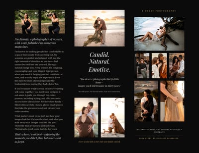 Black editorial photography brochure spread with portrait image grids, couple photos, service copy, elegant serif typography, and premium black-and-gold styling.