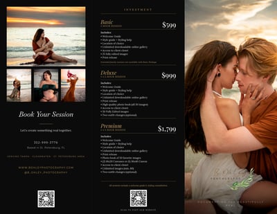 Black photography session pricing brochure with portrait images, booking call to action, package prices, service details, and QR codes.