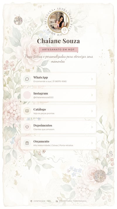 Vertical digital business card with a vintage paper texture, watercolor pink roses, and five white buttons for social media links.