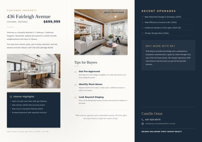 A three-column real estate brochure for a property on Fairleigh Avenue, featuring photos of a modern kitchen and living room with a navy blu