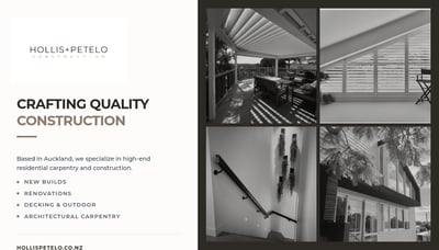 A DL flyer for Hollis+Petelo Construction featuring a white text panel on the left and a grid of four black and white architectural photos o
