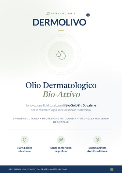 A vertical medical flyer for Dermolivo dermatological oil with a minimalist white background, navy blue text, and sage green icons.