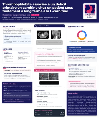 A medical infographic poster in French detailing a pediatric case report with navy blue headers, medical imaging scans, and clinical data ch
