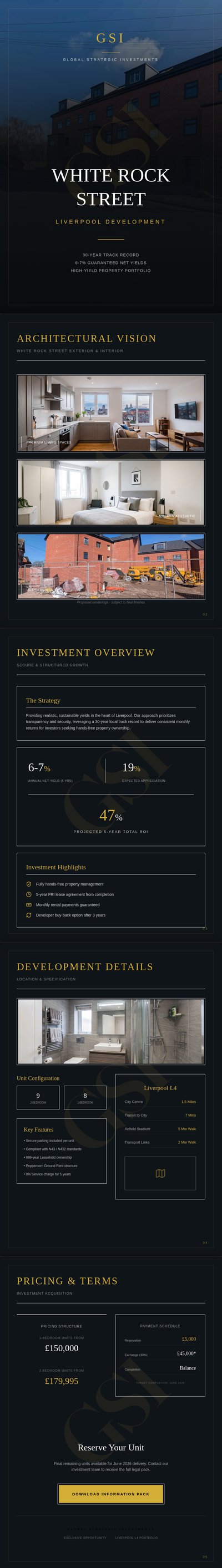A long vertical real estate brochure with a dark theme, gold accents, and sections for architectural photos, investment statistics, and pric