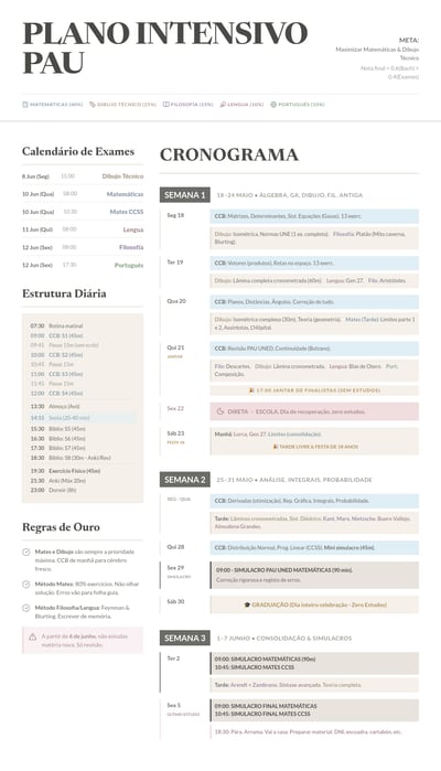 A vertical study plan document with sections for exam dates, daily structure, and a three-week detailed schedule using pastel highlights on