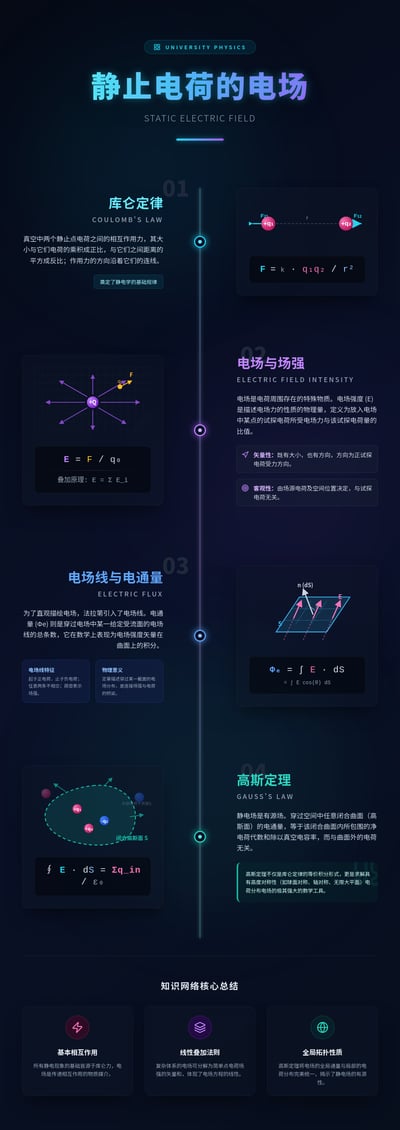 A vertical dark-themed infographic about static electric fields with neon text, mathematical formulas, and vector physics diagrams.