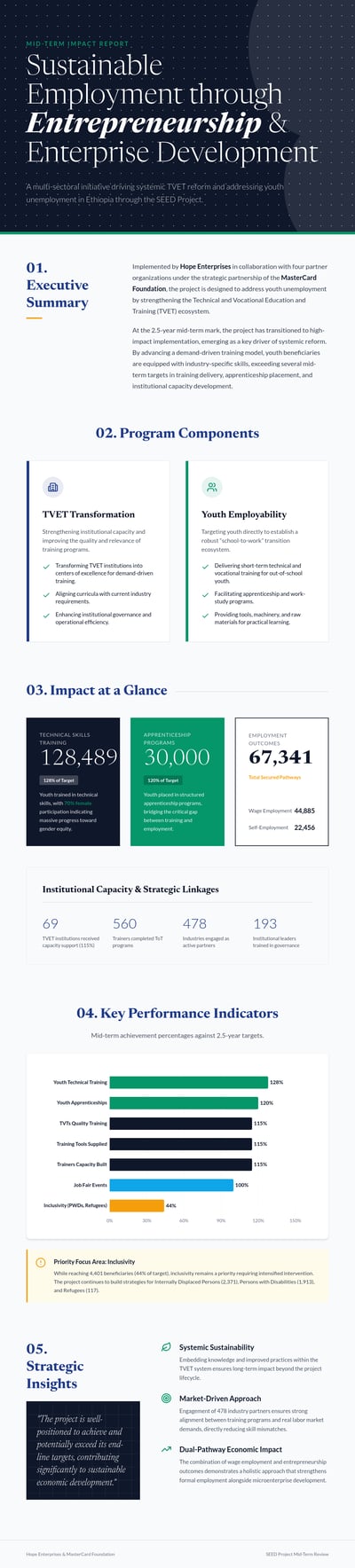 A long vertical infographic titled Sustainable Employment through Entrepreneurship & Enterprise Development with sections for executive summ