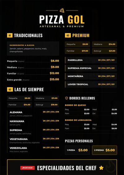 Spanish pizza menu design with black background, gold and white typography, organized price lists, premium pizza sections, stuffed crust options, and chef specials.