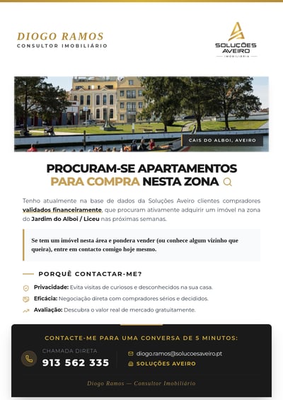 Portuguese A5 real estate flyer seeking apartments for purchase in Aveiro with Cais do Alboi photo, gold headline accents, benefit bullets, and dark contact footer.
