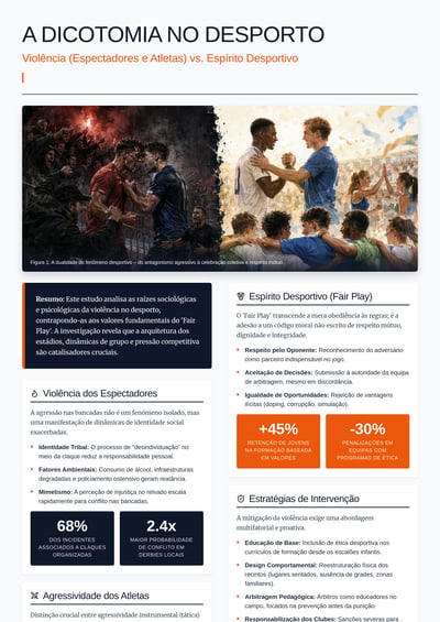 Portuguese sports sociology infographic titled A Dicotomia no Desporto comparing violence in sport with fair play using split imagery, data callouts, and research sections.