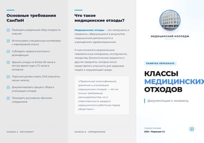 Russian medical waste tri-fold brochure with medical college cover, definition panel, SanPiN checklist, blue accents, and clean white layout.