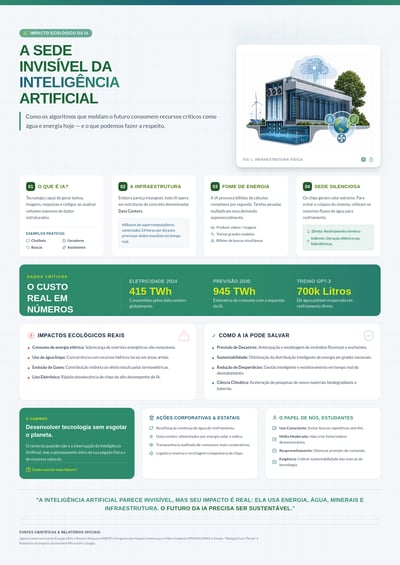 Portuguese infographic titled A Sede Invisivel da Inteligencia Artificial with data center illustration, energy and water statistics, ecological impact cards, and sustainability actions.