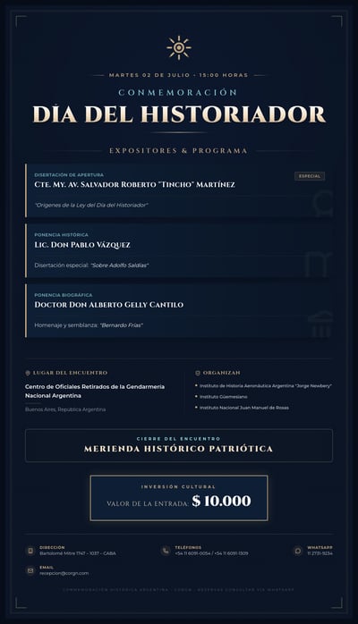 A formal event flyer for 'Día del Historiador' with a navy blue background, gold text, and a list of speakers and event details.