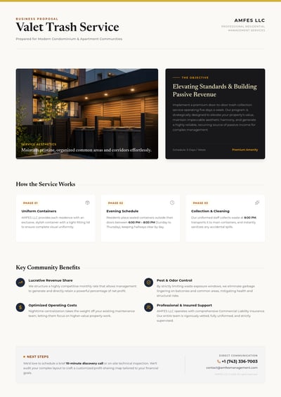 A professional A4 business proposal for AMFES LLC valet trash service featuring a modern apartment photo, three-phase process cards, and a b