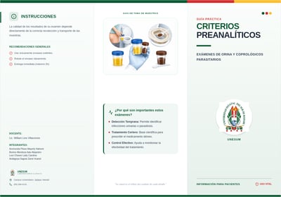 A three-panel medical brochure with green and red accents, featuring sample collection diagrams, instructional text in Spanish, and a univer
