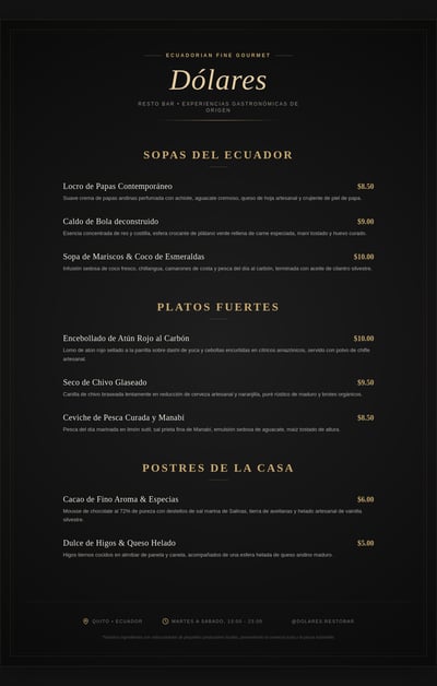 A vertical restaurant menu with a dark background, gold serif headings, and white text descriptions for gourmet Ecuadorian dishes.