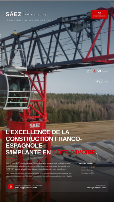 A vertical banner showing a red SÁEZ tower crane against a forest background with French text and technical specifications.