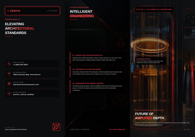 Dark three-panel VERTIX elevator systems brochure with neon red accents, contact cards, engineering feature copy, QR code, and panoramic glass elevator image.