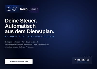 Dark blue Aero Steuer flyer with cloud logo, German tax service headline, white CTA button, and AIRLINER10 coupon box.