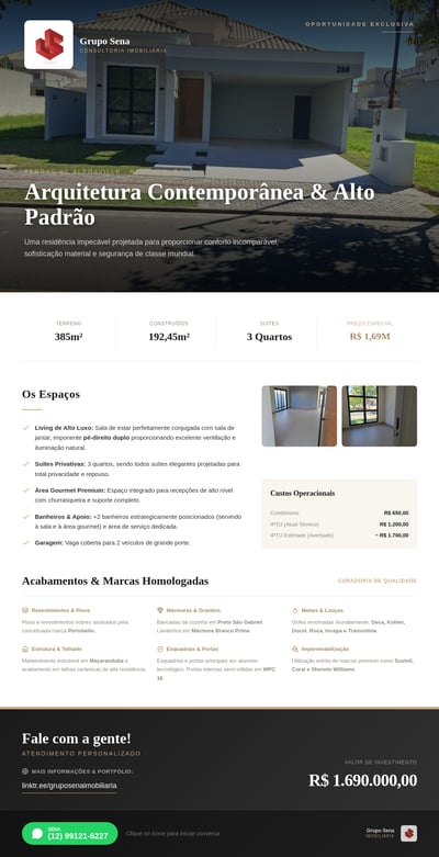 Portuguese real estate landing page with house photo, property specs, finish details, price, Linktree, and WhatsApp contact button.