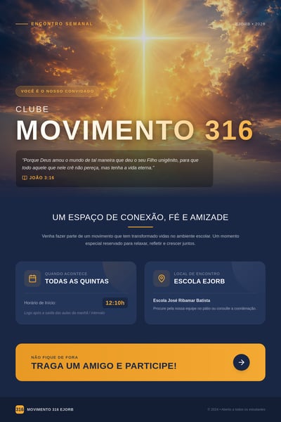 Portuguese school club flyer with sunset cross, Movimento 316 title, John 3:16 quote, meeting time, school location, and CTA.