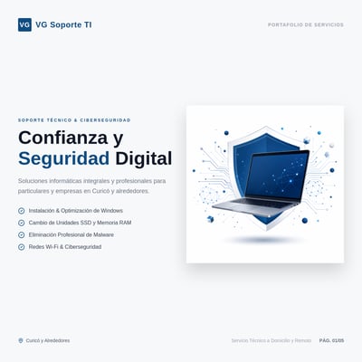 Spanish IT support carousel cover with VG Soporte TI logo, laptop shield graphic, blue branding, and service bullet list.