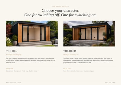 Brochure comparison page showing The Den and The Reed garden rooms with exterior photos, lifestyle descriptions, and ideal-use lists.